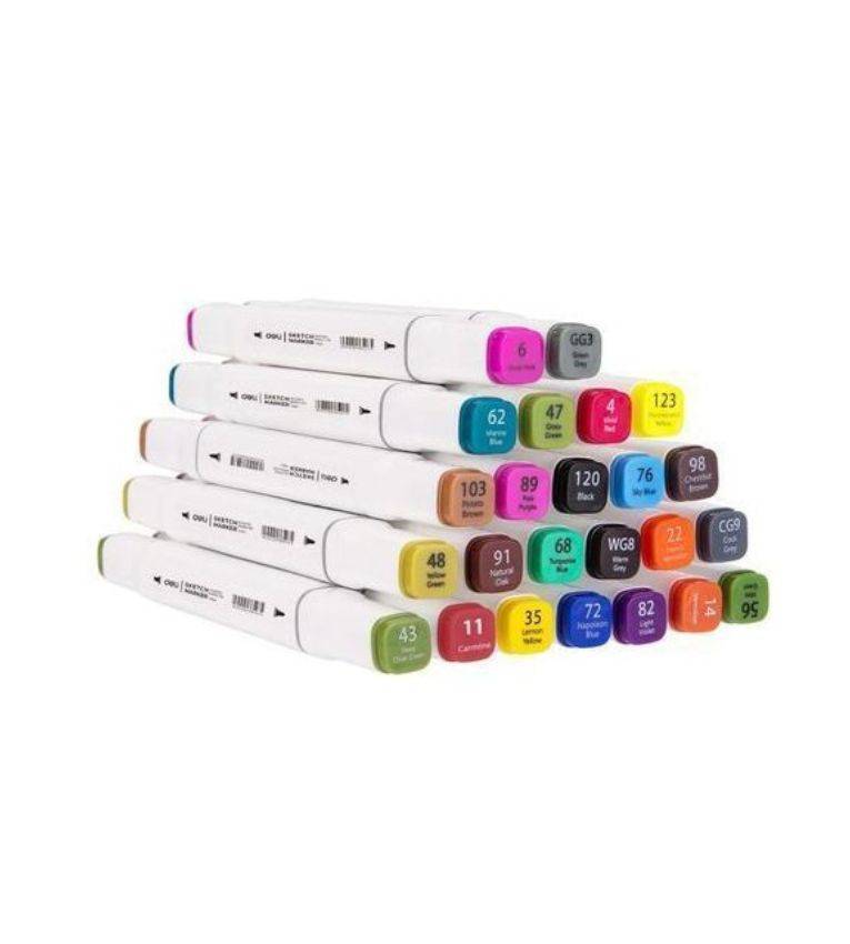 Deli Coffret de 24 Marqueurs Professionnels – Feutres à Double Pointe (1mm & 7mm) à Encre Alcool pour Dessin, Croquis et Illustration
